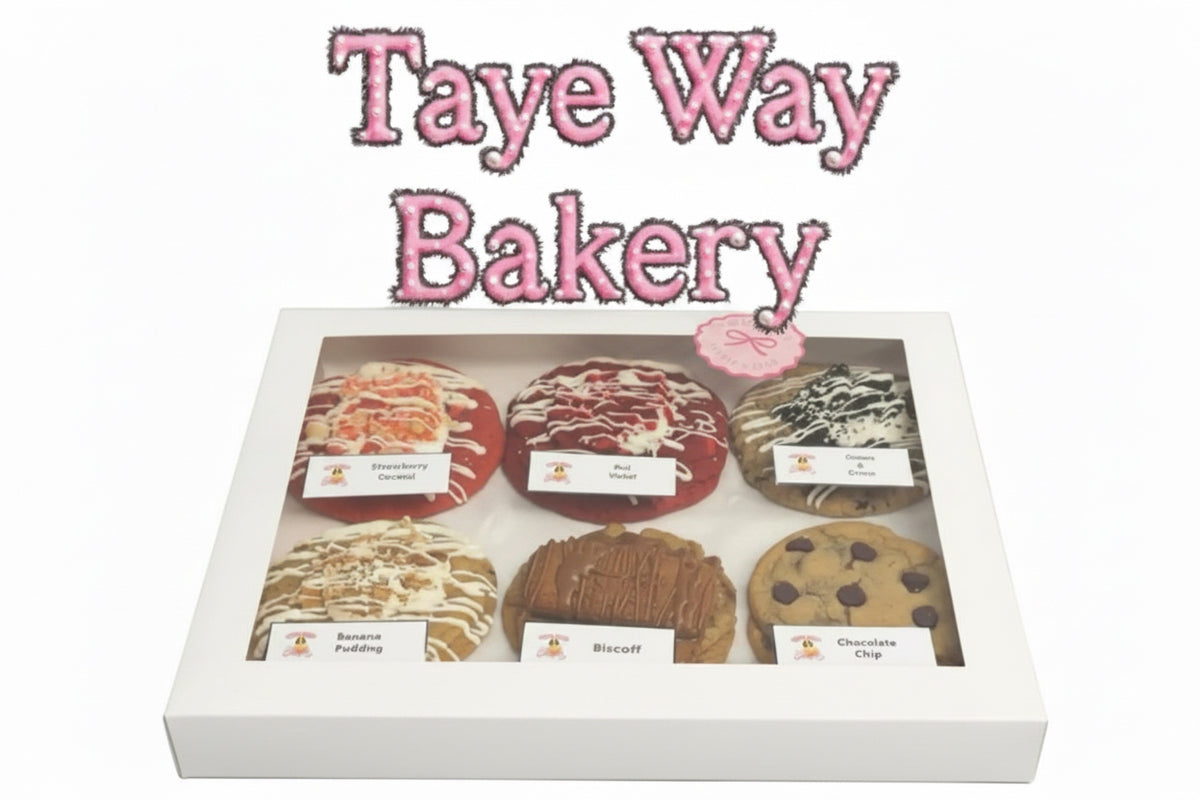 A white bakery gift box with a clear window displaying six assorted pastries and cookies, with the pink 'Taye Way Bakery' logo above the box on a gray gradient background.