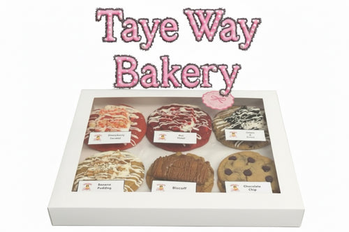 A white bakery gift box with a clear window displaying six assorted pastries and cookies, with the pink 'Taye Way Bakery' logo above the box on a gray gradient background.